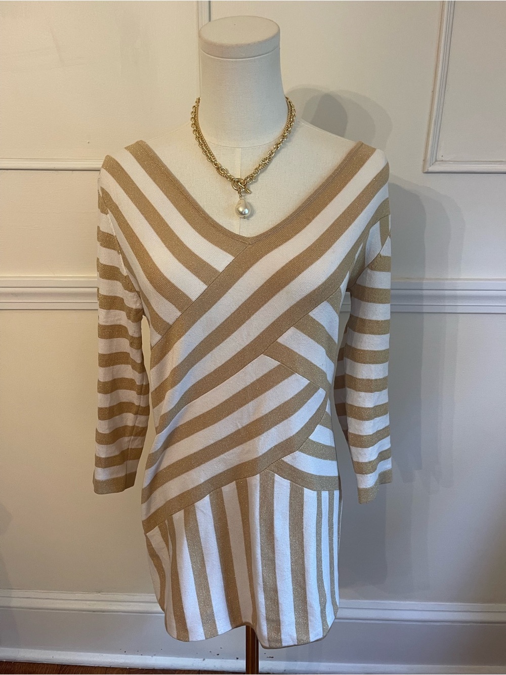 Belldini Cream and Tan Striped V-Neck Sweater
